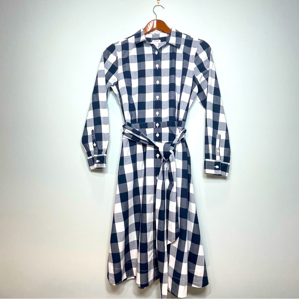 J. Crew Navy and White Long Sleeve Gingham Shirt Dress